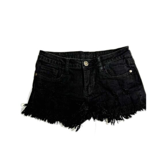 Machine Nouvelle Mode Black Denim Shorts Frayed Hems Size 28 USA Medium - Picture 1 of 10
